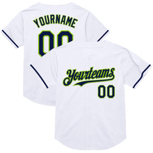 Load image into Gallery viewer, Custom White Navy-Neon Green Mesh Authentic Throwback Baseball Jersey
