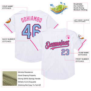 Custom White Light Blue Black-Pink Mesh Authentic Throwback Baseball Jersey