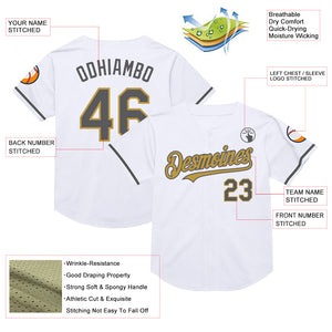 Custom White Steel Gray-Old Gold Mesh Authentic Throwback Baseball Jersey