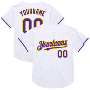 Custom White Purple-Gold Mesh Authentic Throwback Baseball Jersey