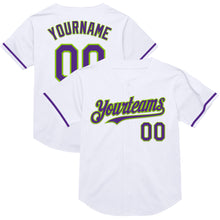 Load image into Gallery viewer, Custom White Purple-Neon Green Mesh Authentic Throwback Baseball Jersey
