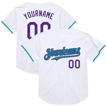 Custom White Purple-Teal Mesh Authentic Throwback Baseball Jersey