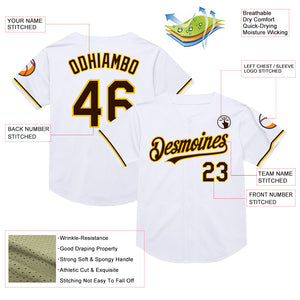 Custom White Brown-Yellow Mesh Authentic Throwback Baseball Jersey