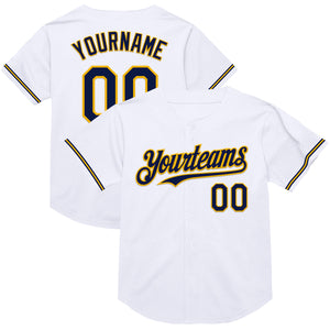 Custom White Navy-Gold Mesh Authentic Throwback Baseball Jersey