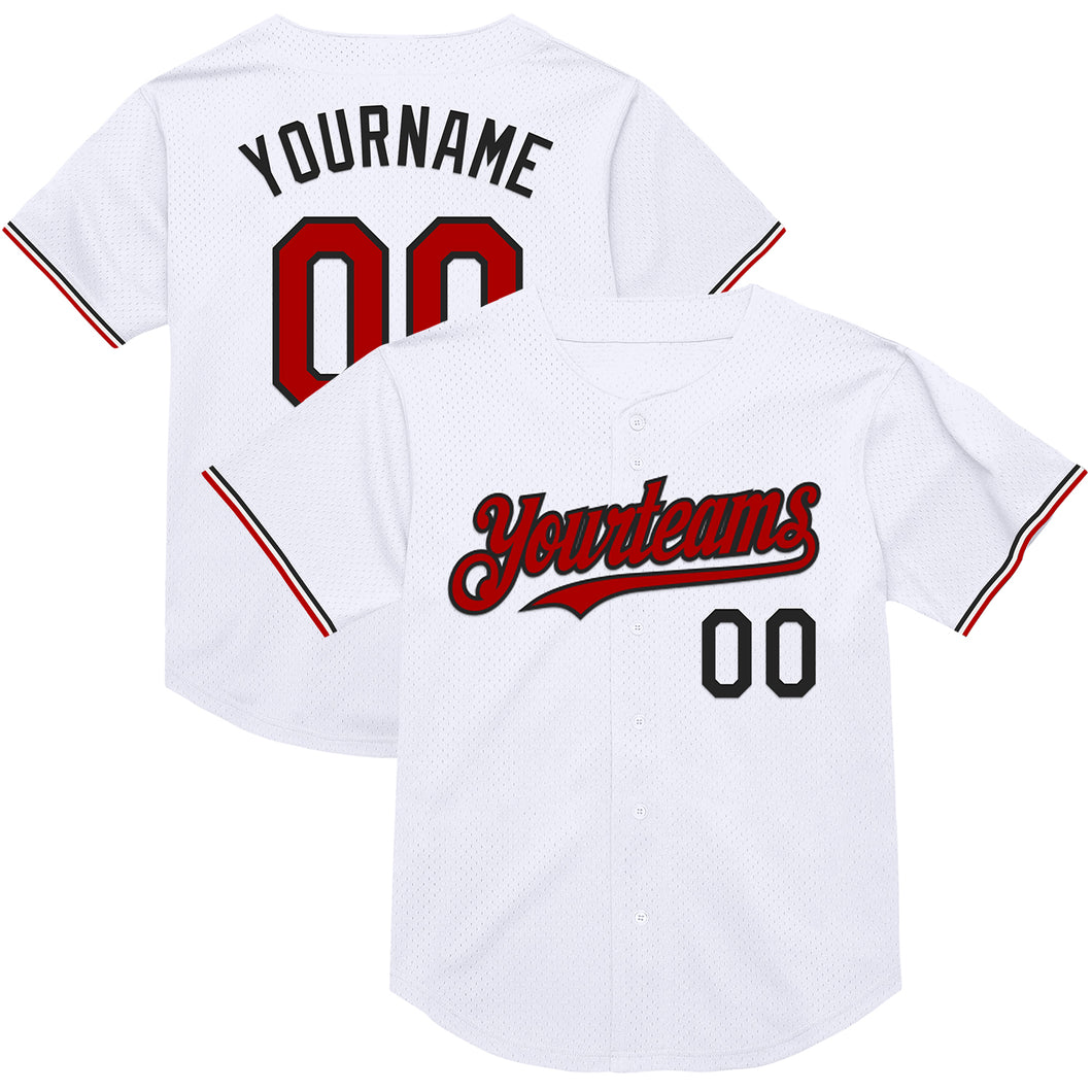 Custom White Red-Black Mesh Authentic Throwback Baseball Jersey