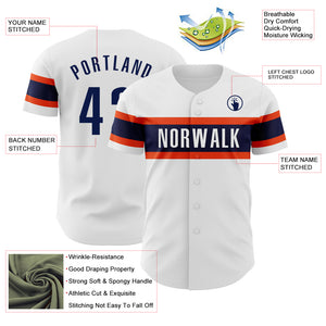 Custom White Navy-Orange Authentic Baseball Jersey