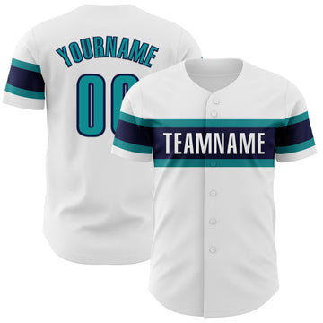 Custom White Teal-Navy Authentic Baseball Jersey