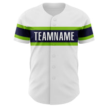 Load image into Gallery viewer, Custom White Neon Green-Navy Authentic Baseball Jersey
