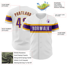 Load image into Gallery viewer, Custom White Purple-Gold Authentic Baseball Jersey
