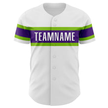 Load image into Gallery viewer, Custom White Purple-Neon Green Authentic Baseball Jersey
