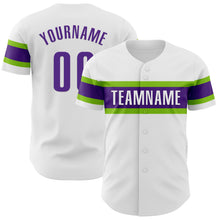 Load image into Gallery viewer, Custom White Purple-Neon Green Authentic Baseball Jersey
