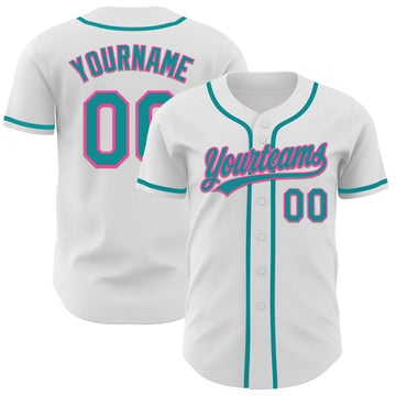 Custom White Teal-Pink Authentic Baseball Jersey