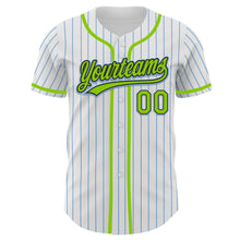 Load image into Gallery viewer, Custom White Light Blue Pinstripe Neon Green-Black Authentic Baseball Jersey
