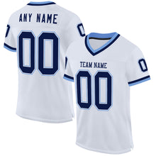 Load image into Gallery viewer, Custom White Navy-Light Blue Mesh Authentic Throwback Football Jersey
