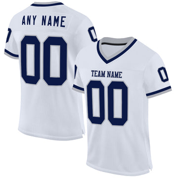 Custom White Navy-Gray Mesh Authentic Throwback Football Jersey