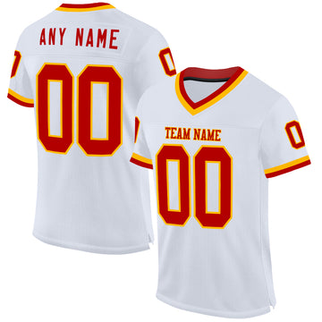 Custom White Red-Gold Mesh Authentic Throwback Football Jersey