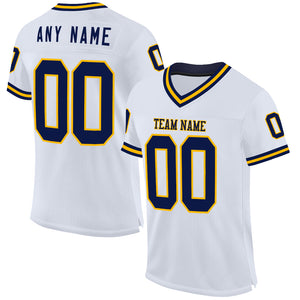 Custom White Navy-Gold Mesh Authentic Throwback Football Jersey