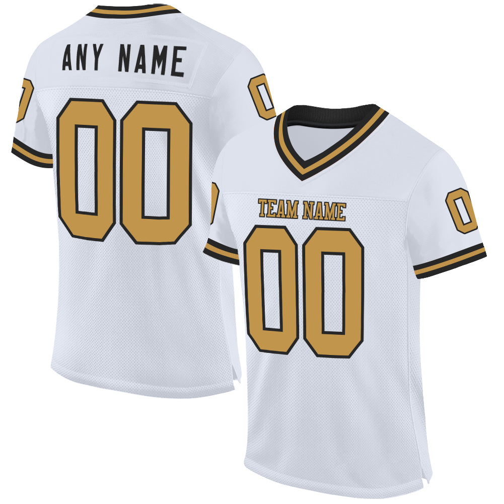 Custom White Old Gold-Black Mesh Authentic Throwback Football Jersey