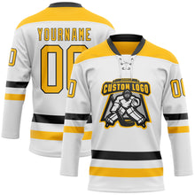 Load image into Gallery viewer, Custom White Gold-Black Hockey Lace Neck Jersey
