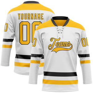 Custom White Gold-Black Hockey Lace Neck Jersey