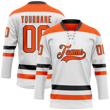 Custom White Orange-Black Hockey Lace Neck Jersey