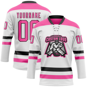 Custom White Pink-Black Hockey Lace Neck Jersey