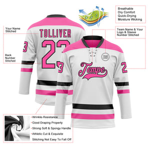 Custom White Pink-Black Hockey Lace Neck Jersey