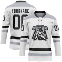 Load image into Gallery viewer, Custom White Black-Gray Hockey Lace Neck Jersey
