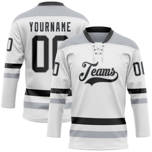 Custom White Black-Gray Hockey Lace Neck Jersey