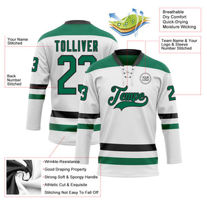 Custom White Kelly Green-Black Hockey Lace Neck Jersey