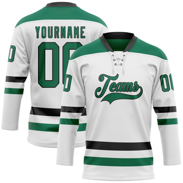 Custom White Kelly Green-Black Hockey Lace Neck Jersey