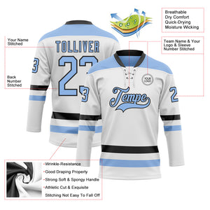 Custom White Light Blue-Black Hockey Lace Neck Jersey