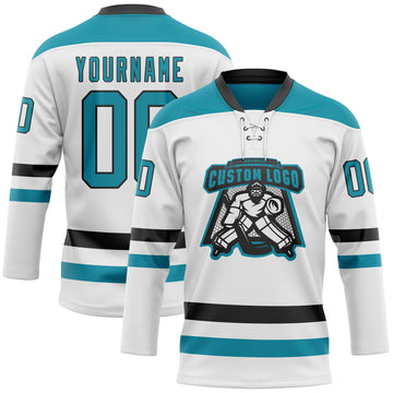 Custom White Teal-Black Hockey Lace Neck Jersey