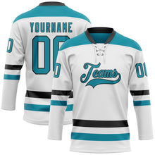 Load image into Gallery viewer, Custom White Teal-Black Hockey Lace Neck Jersey
