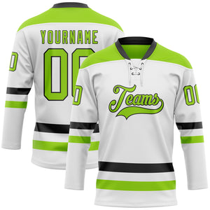 Custom White Neon Green-Black Hockey Lace Neck Jersey