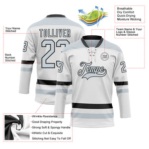 Custom White Silver-Black Hockey Lace Neck Jersey