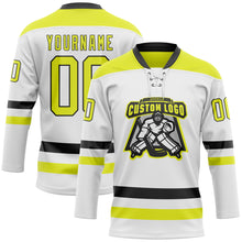 Load image into Gallery viewer, Custom White Neon Yellow-Black Hockey Lace Neck Jersey
