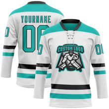 Charger l&#39;image dans la galerie, Custom White Aqua-Black Hockey Lace Neck Jersey
