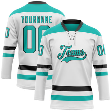 Custom White Aqua-Black Hockey Lace Neck Jersey