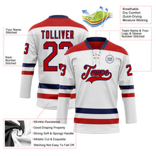 Load image into Gallery viewer, Custom White Red-Navy Hockey Lace Neck Jersey
