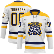 Charger l&#39;image dans la galerie, Custom White Navy-Gold Hockey Lace Neck Jersey
