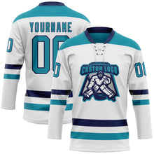 Load image into Gallery viewer, Custom White Teal-Navy Hockey Lace Neck Jersey
