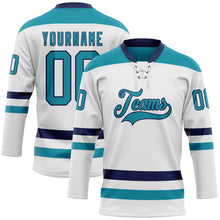 Load image into Gallery viewer, Custom White Teal-Navy Hockey Lace Neck Jersey
