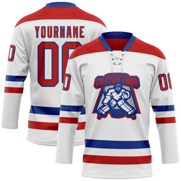 Custom White Red-Royal Hockey Lace Neck Jersey