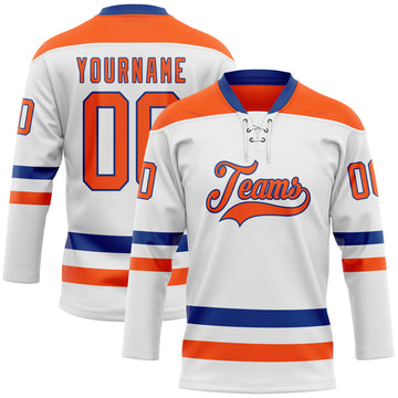 Custom White Orange-Royal Hockey Lace Neck Jersey