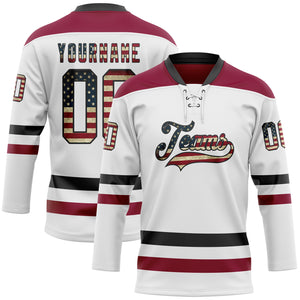 Custom White Vintage USA Flag Black-Maroon Hockey Lace Neck Jersey