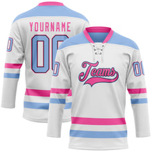 Загрузить изображение в средство просмотра галереи, Custom White Light Blue Black-Pink Hockey Lace Neck Jersey
