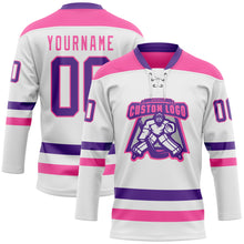 Charger l&#39;image dans la galerie, Custom White Purple-Pink Hockey Lace Neck Jersey
