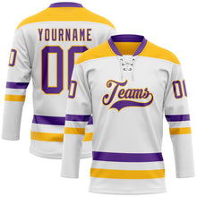 Load image into Gallery viewer, Custom White Purple-Gold Hockey Lace Neck Jersey
