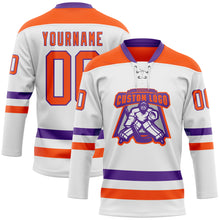 Load image into Gallery viewer, Custom White Orange-Purple Hockey Lace Neck Jersey
